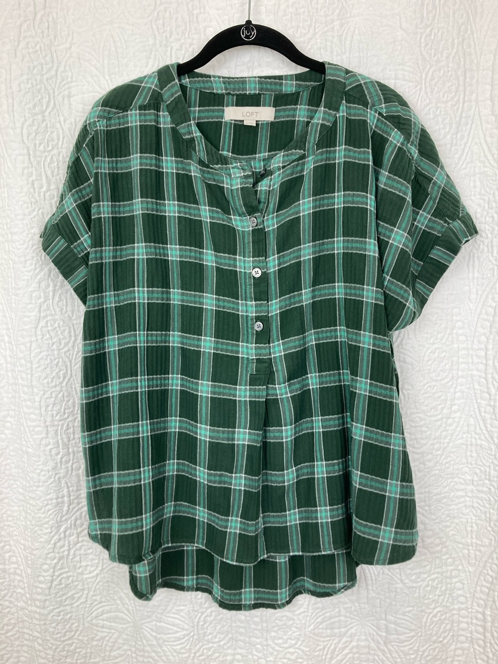 LOFT Plaid Dolman Henley Everyday Shirt M Green